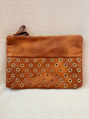 Chico’s Jamie Double Zip Clutch Bag Distressed Brown Vegan PU Gold Tone Grommets